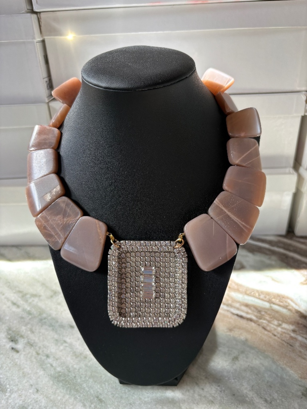 Made in the Deep South Chunky light pink Stone Necklace with Crystal Pendant